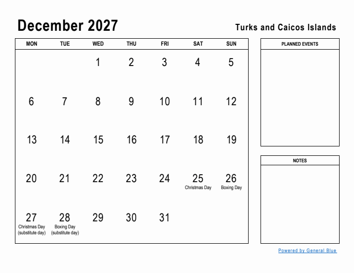 December 2027 Printable Monthly Calendar with Turks and Caicos Islands Holidays