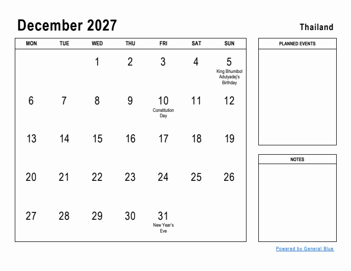 December 2027 Printable Monthly Calendar with Thailand Holidays