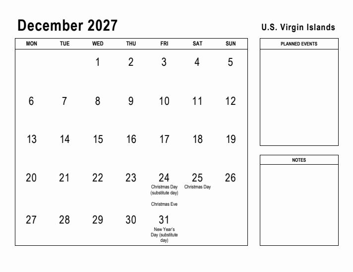 December 2027 Printable Monthly Calendar with U.S. Virgin Islands Holidays