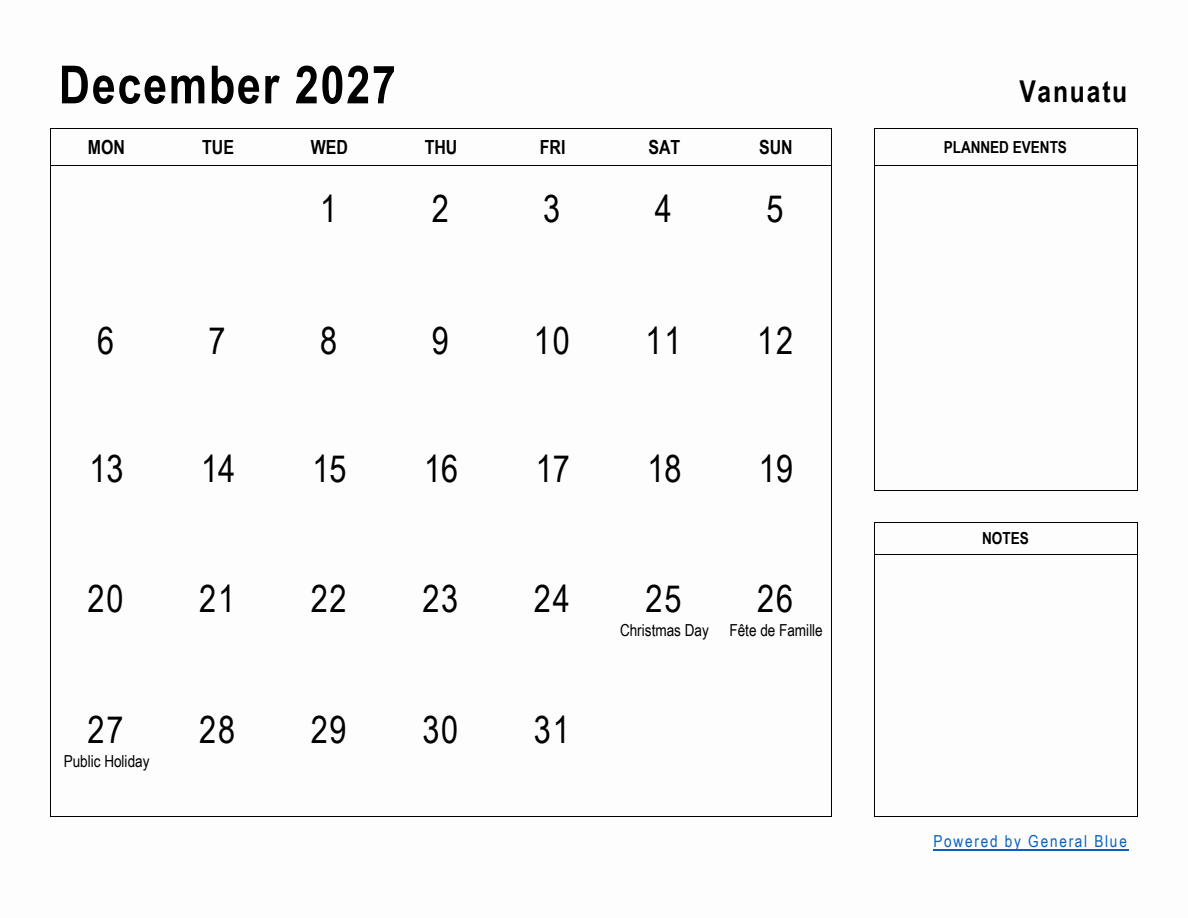 December 2027 Planner with Vanuatu Holidays (Monday Start)