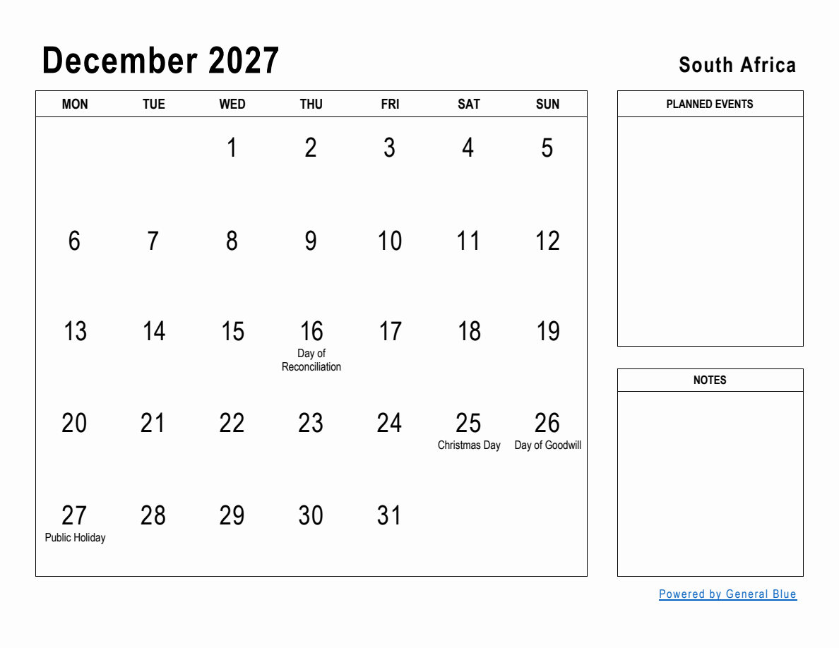 December 2027 Planner with South Africa Holidays (Monday Start)