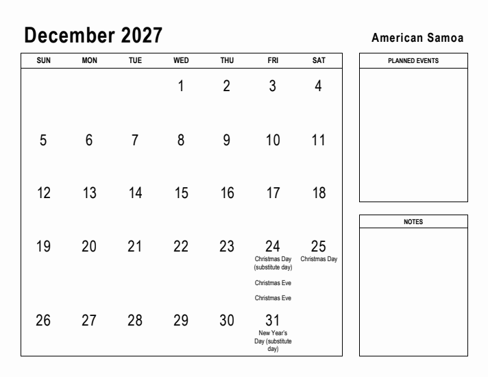 December 2027 Printable Monthly Calendar with American Samoa Holidays