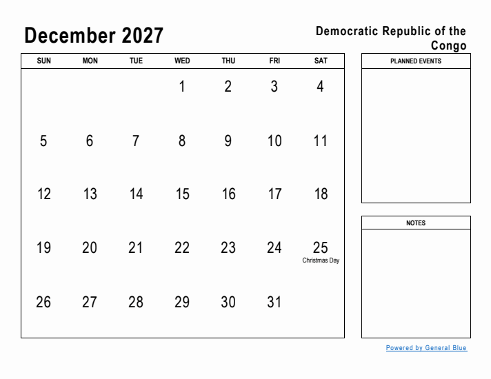 December 2027 Printable Monthly Calendar with Democratic Republic of the Congo Holidays