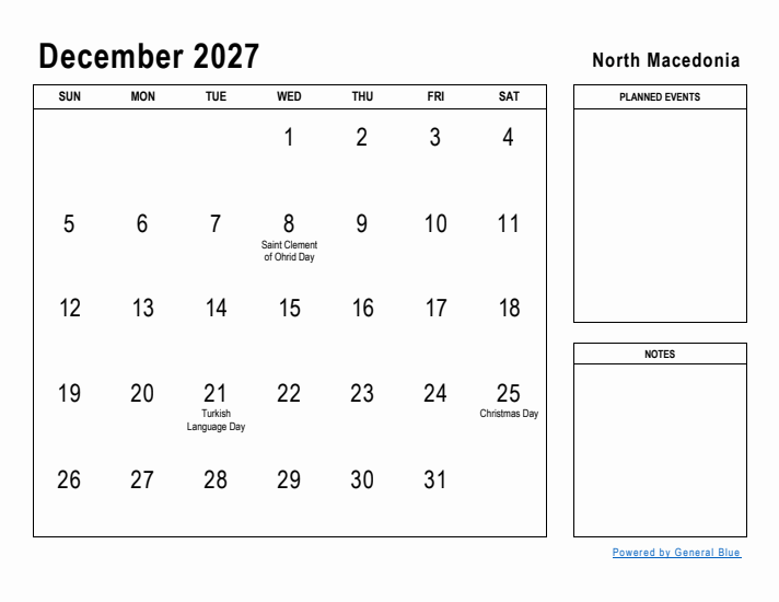 December 2027 Printable Monthly Calendar with North Macedonia Holidays