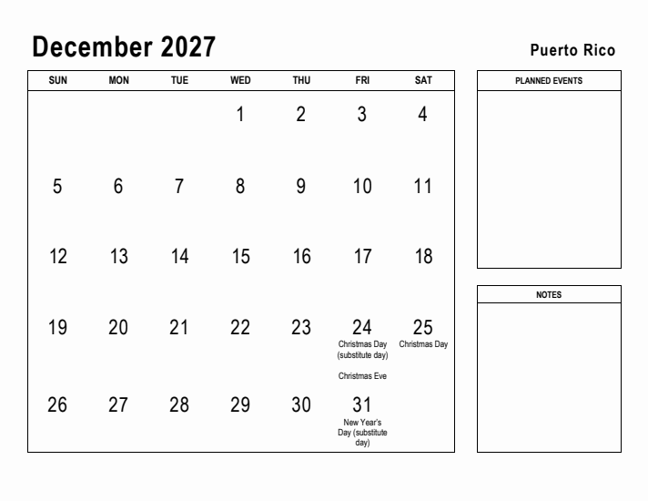 December 2027 Printable Monthly Calendar with Puerto Rico Holidays