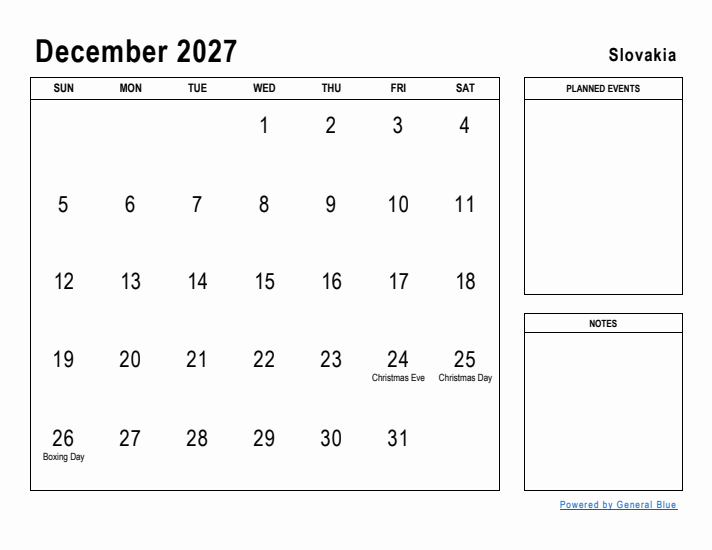 December 2027 Printable Monthly Calendar with Slovakia Holidays