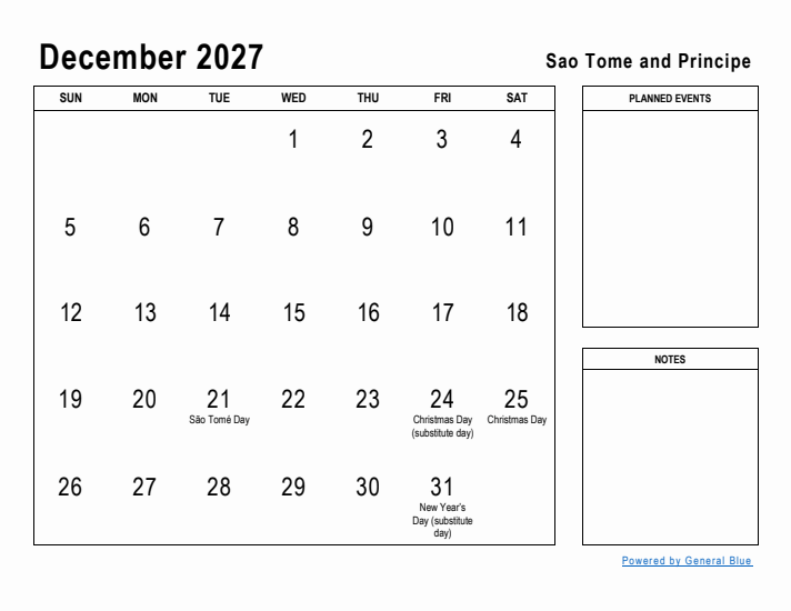 December 2027 Printable Monthly Calendar with Sao Tome and Principe Holidays