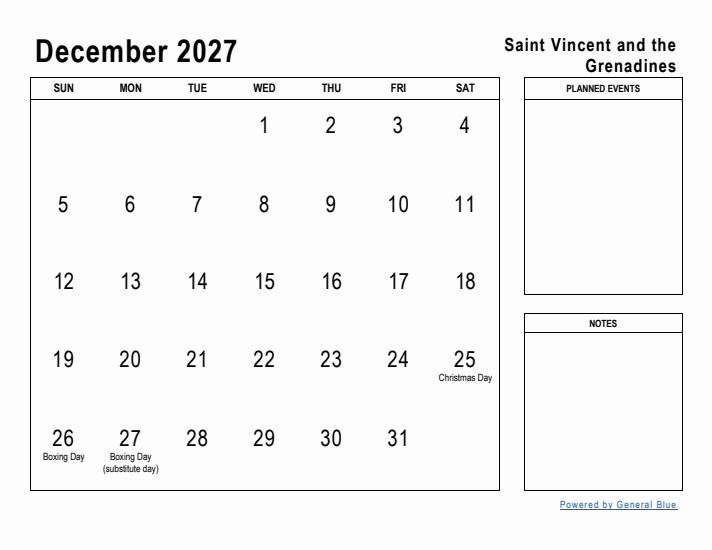 December 2027 Printable Monthly Calendar with Saint Vincent and the Grenadines Holidays