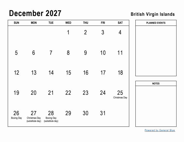 December 2027 Printable Monthly Calendar with British Virgin Islands Holidays