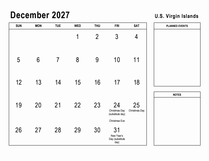 December 2027 Printable Monthly Calendar with U.S. Virgin Islands Holidays