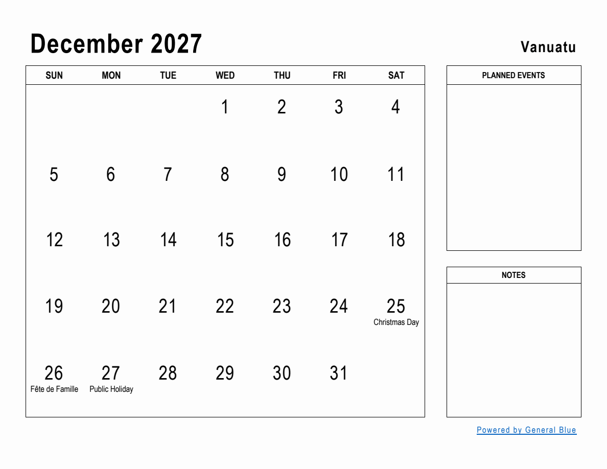 December 2027 Planner with Vanuatu Holidays