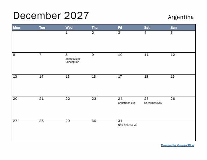 December 2027 Simple Monthly Calendar for Argentina