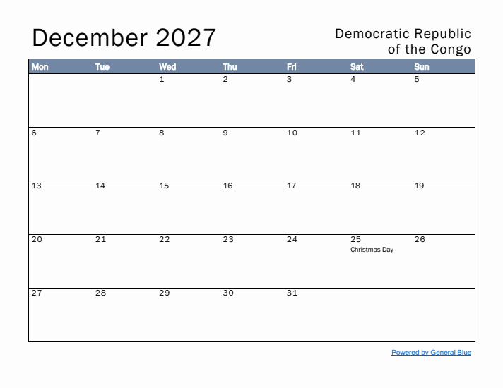 December 2027 Simple Monthly Calendar for Democratic Republic of the Congo
