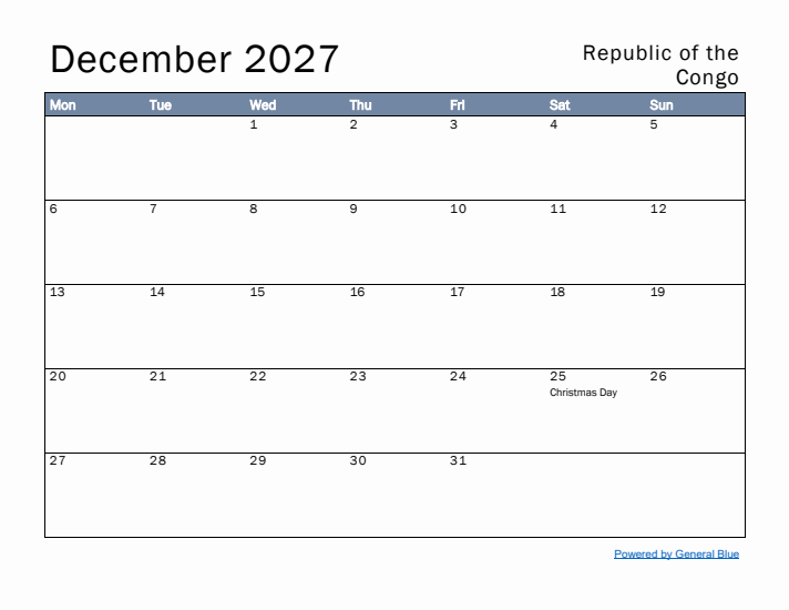 December 2027 Simple Monthly Calendar for Republic of the Congo