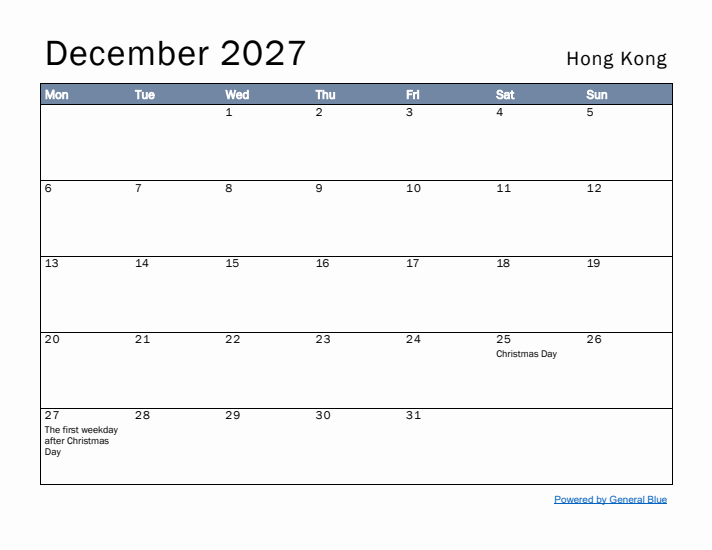 December 2027 Simple Monthly Calendar for Hong Kong