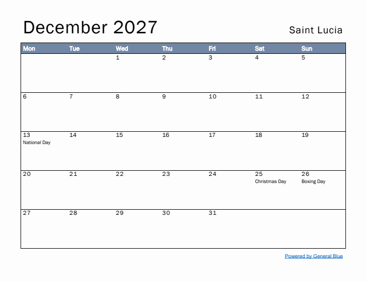 December 2027 Simple Monthly Calendar for Saint Lucia