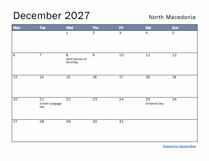 December 2027 Simple Monthly Calendar for North Macedonia
