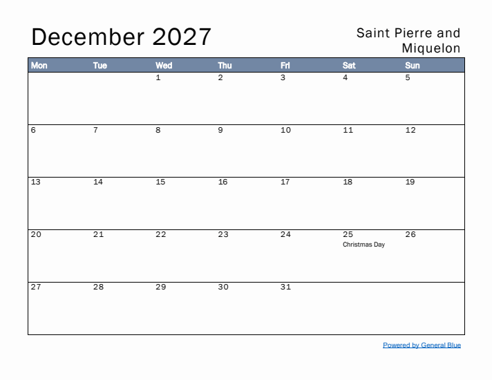 December 2027 Simple Monthly Calendar for Saint Pierre and Miquelon