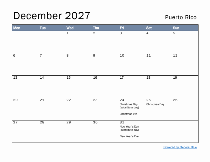 December 2027 Simple Monthly Calendar for Puerto Rico