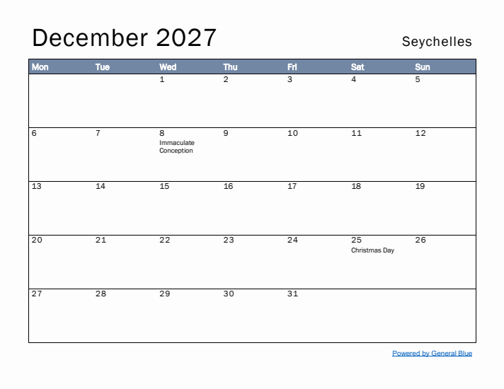 December 2027 Simple Monthly Calendar for Seychelles