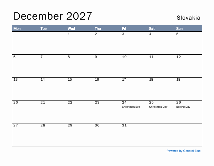 December 2027 Simple Monthly Calendar for Slovakia