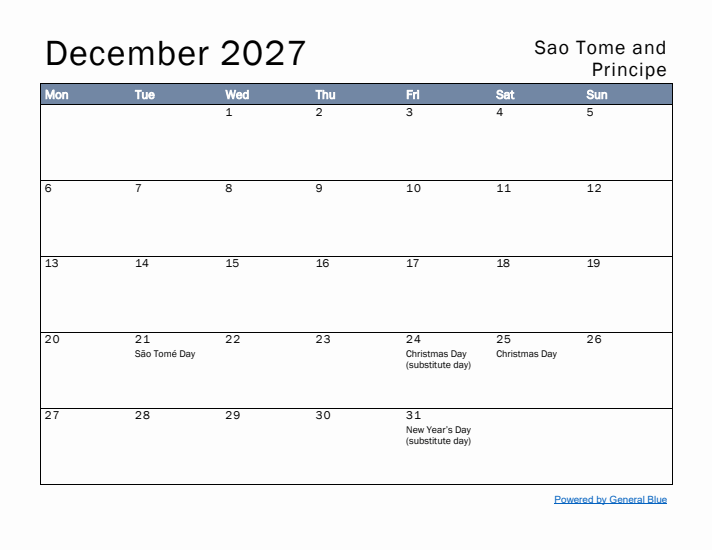 December 2027 Simple Monthly Calendar for Sao Tome and Principe