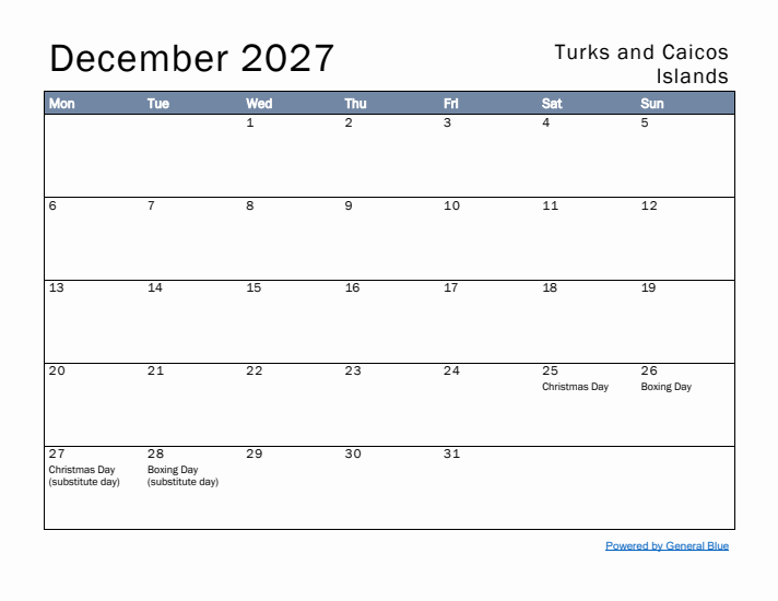 December 2027 Simple Monthly Calendar for Turks and Caicos Islands