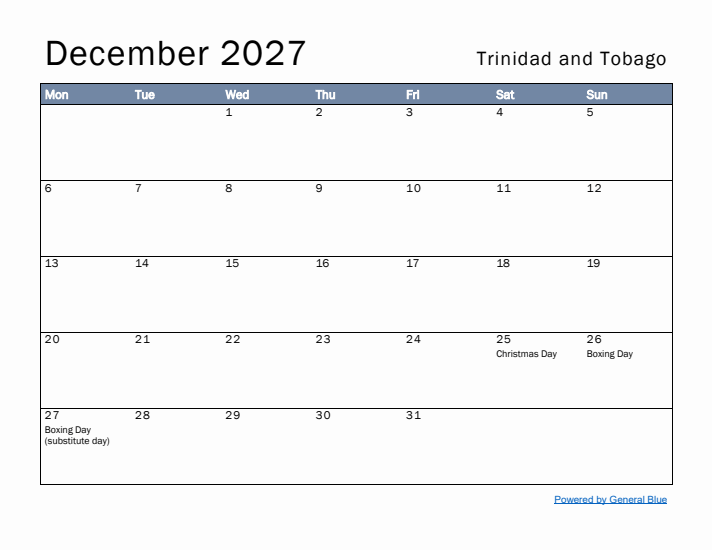 December 2027 Simple Monthly Calendar for Trinidad and Tobago