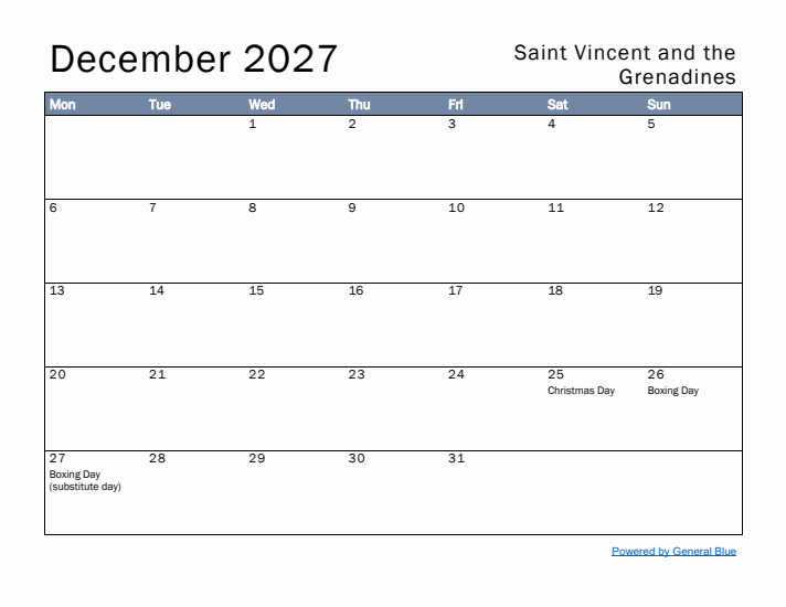 December 2027 Simple Monthly Calendar for Saint Vincent and the Grenadines
