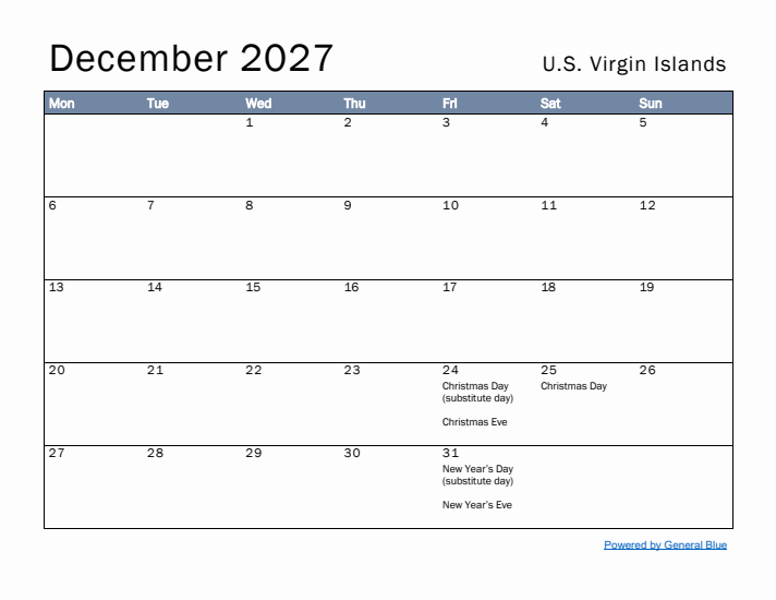 December 2027 Simple Monthly Calendar for U.S. Virgin Islands