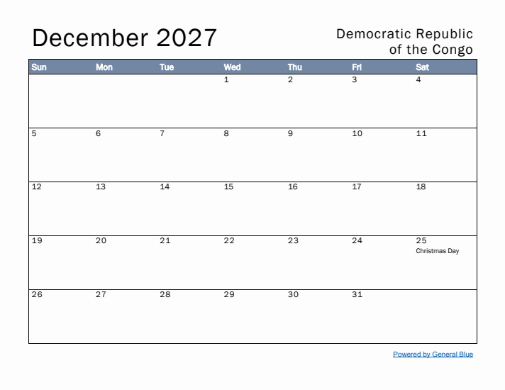 December 2027 Simple Monthly Calendar for Democratic Republic of the Congo