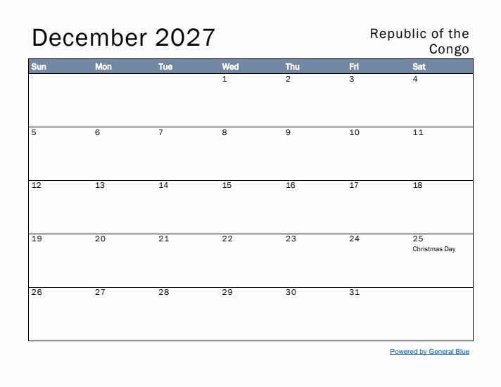 December 2027 Simple Monthly Calendar for Republic of the Congo