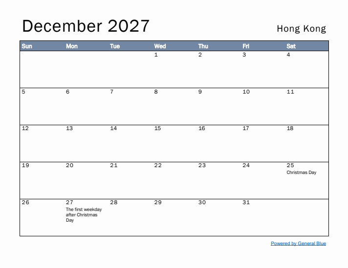 December 2027 Simple Monthly Calendar for Hong Kong