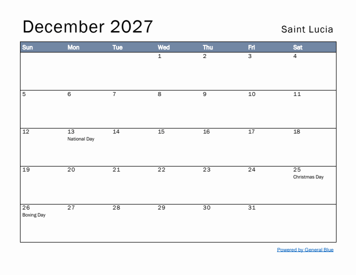 December 2027 Simple Monthly Calendar for Saint Lucia