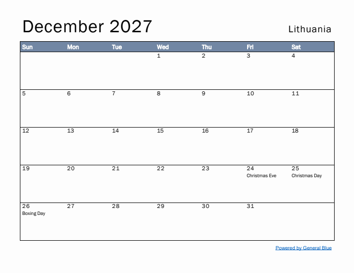 December 2027 Simple Monthly Calendar for Lithuania