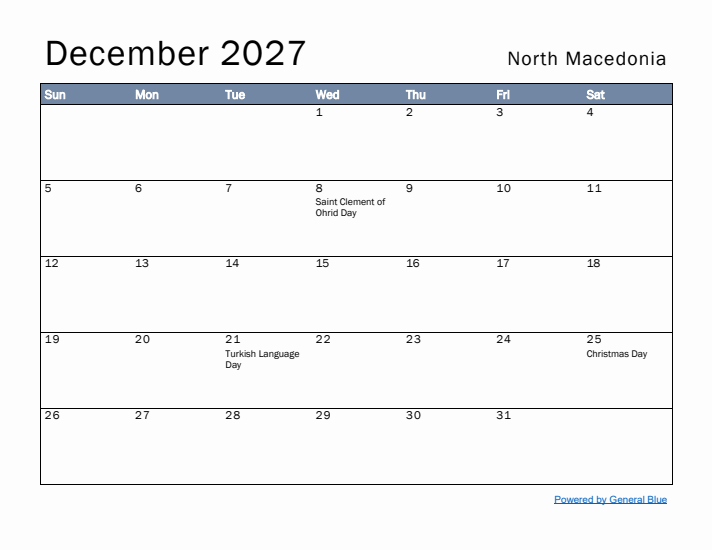 December 2027 Simple Monthly Calendar for North Macedonia