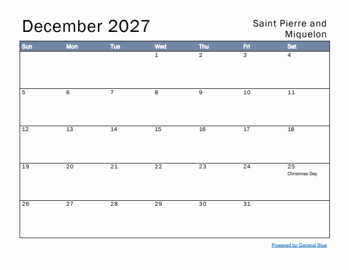 December 2027 Simple Monthly Calendar for Saint Pierre and Miquelon