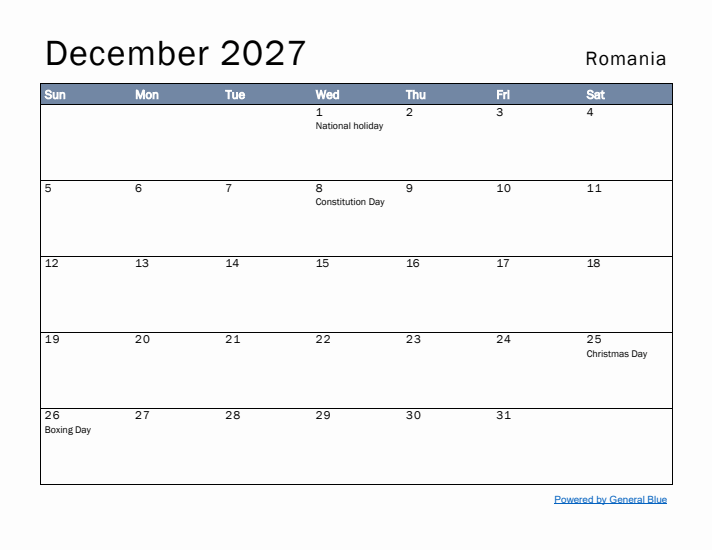 December 2027 Simple Monthly Calendar for Romania