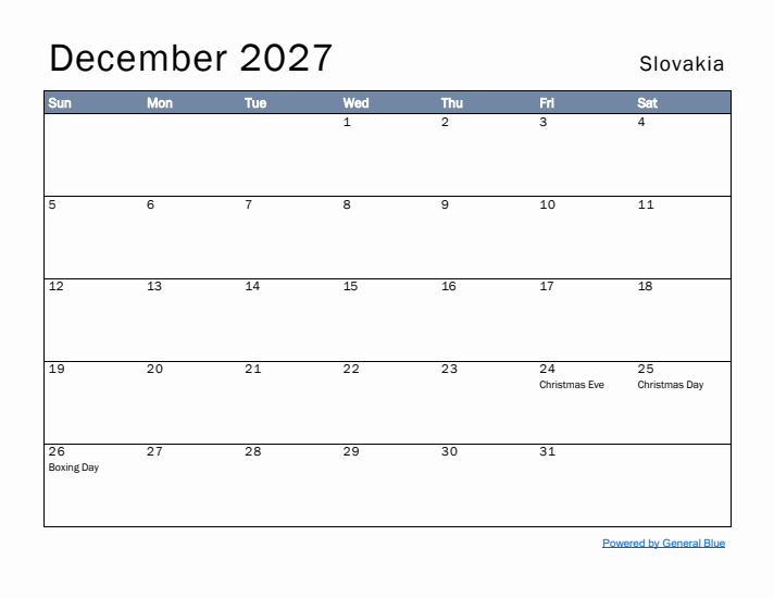 December 2027 Simple Monthly Calendar for Slovakia