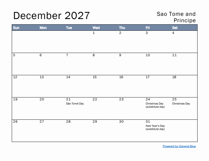 December 2027 Simple Monthly Calendar for Sao Tome and Principe