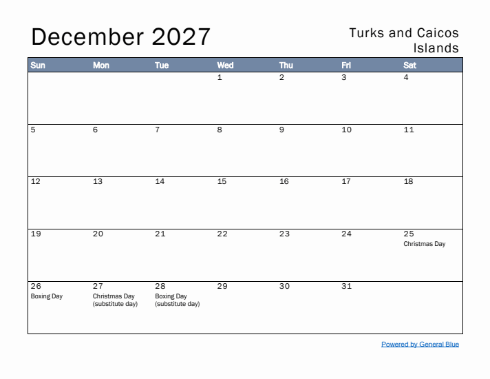 December 2027 Simple Monthly Calendar for Turks and Caicos Islands
