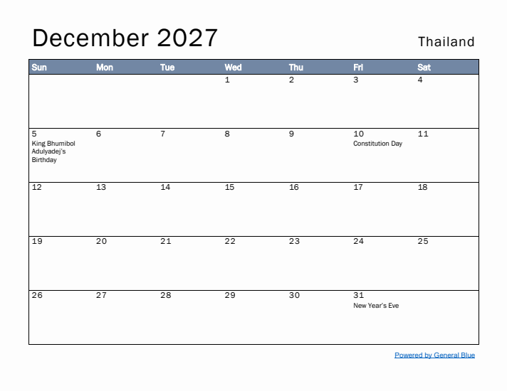 December 2027 Simple Monthly Calendar for Thailand