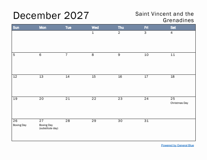 December 2027 Simple Monthly Calendar for Saint Vincent and the Grenadines