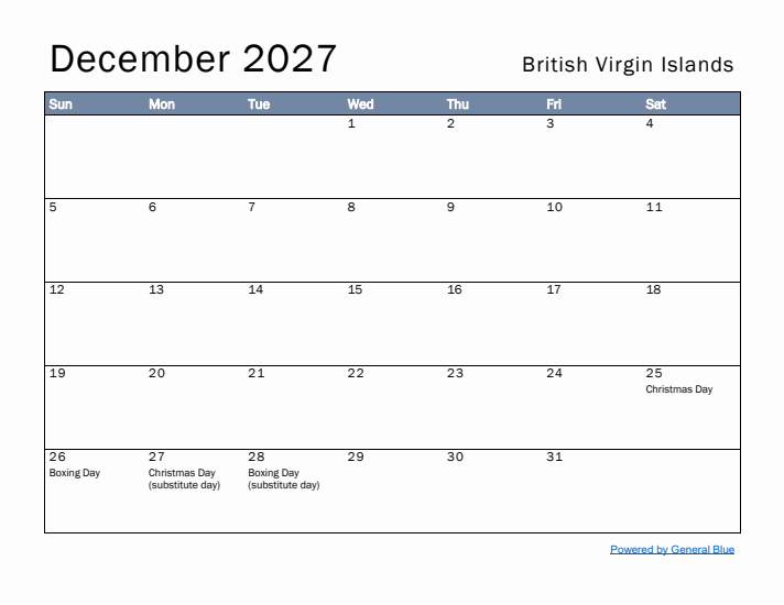 December 2027 Simple Monthly Calendar for British Virgin Islands