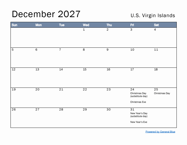 December 2027 Simple Monthly Calendar for U.S. Virgin Islands