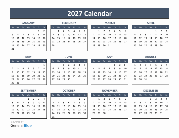 Free Downloadable 2027 Yearly Calendar Template