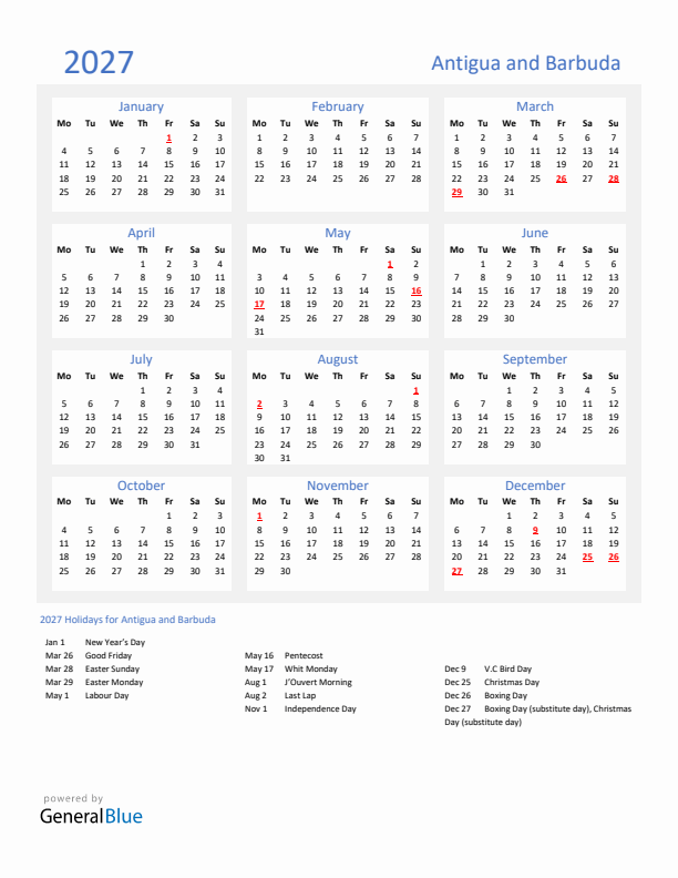 Basic Yearly Calendar with Holidays in Antigua and Barbuda for 2027
