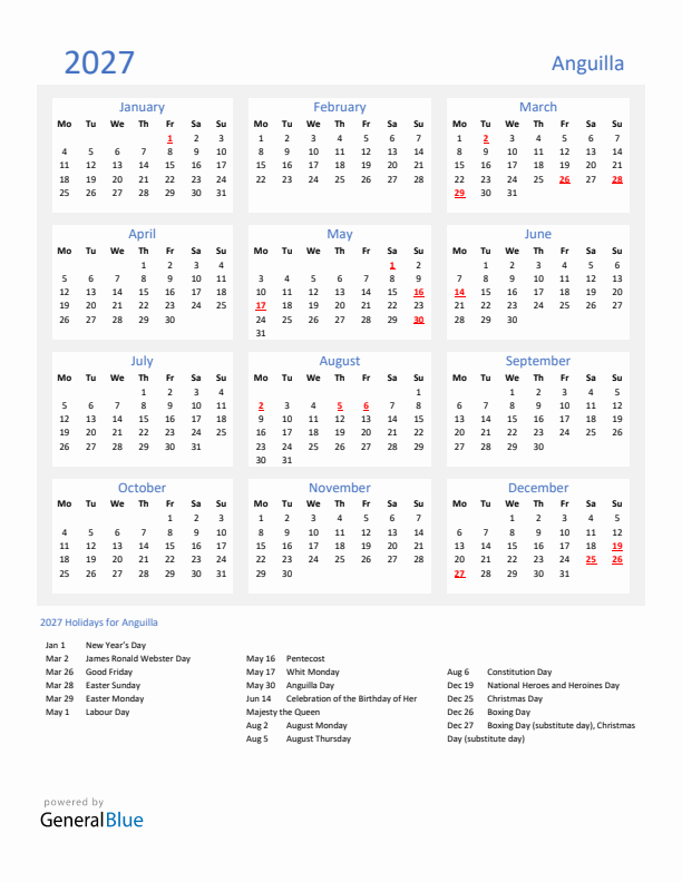 Basic Yearly Calendar with Holidays in Anguilla for 2027