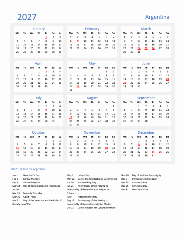 Basic Yearly Calendar with Holidays in Argentina for 2027 