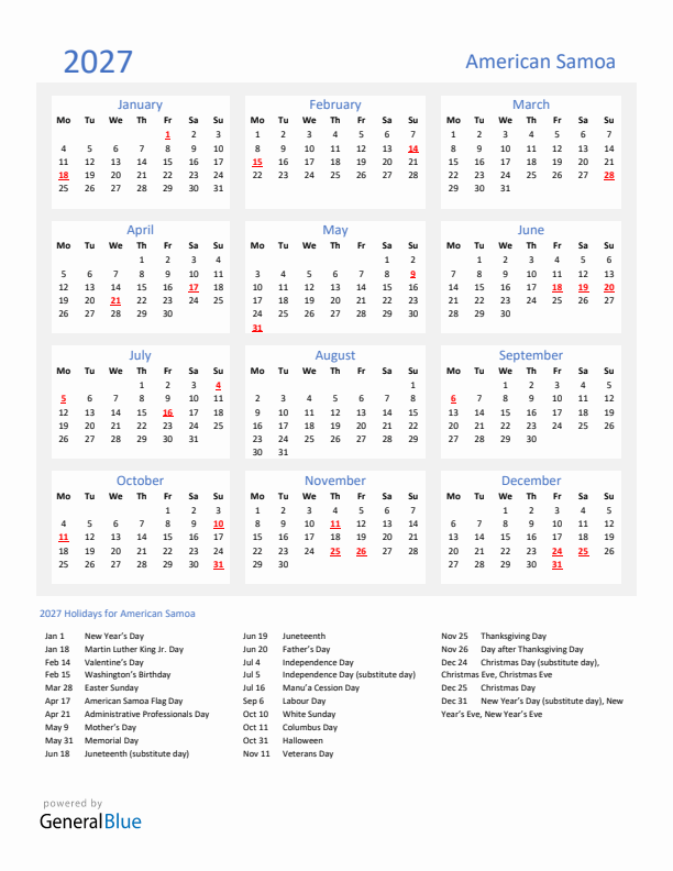 Basic Yearly Calendar with Holidays in American Samoa for 2027 